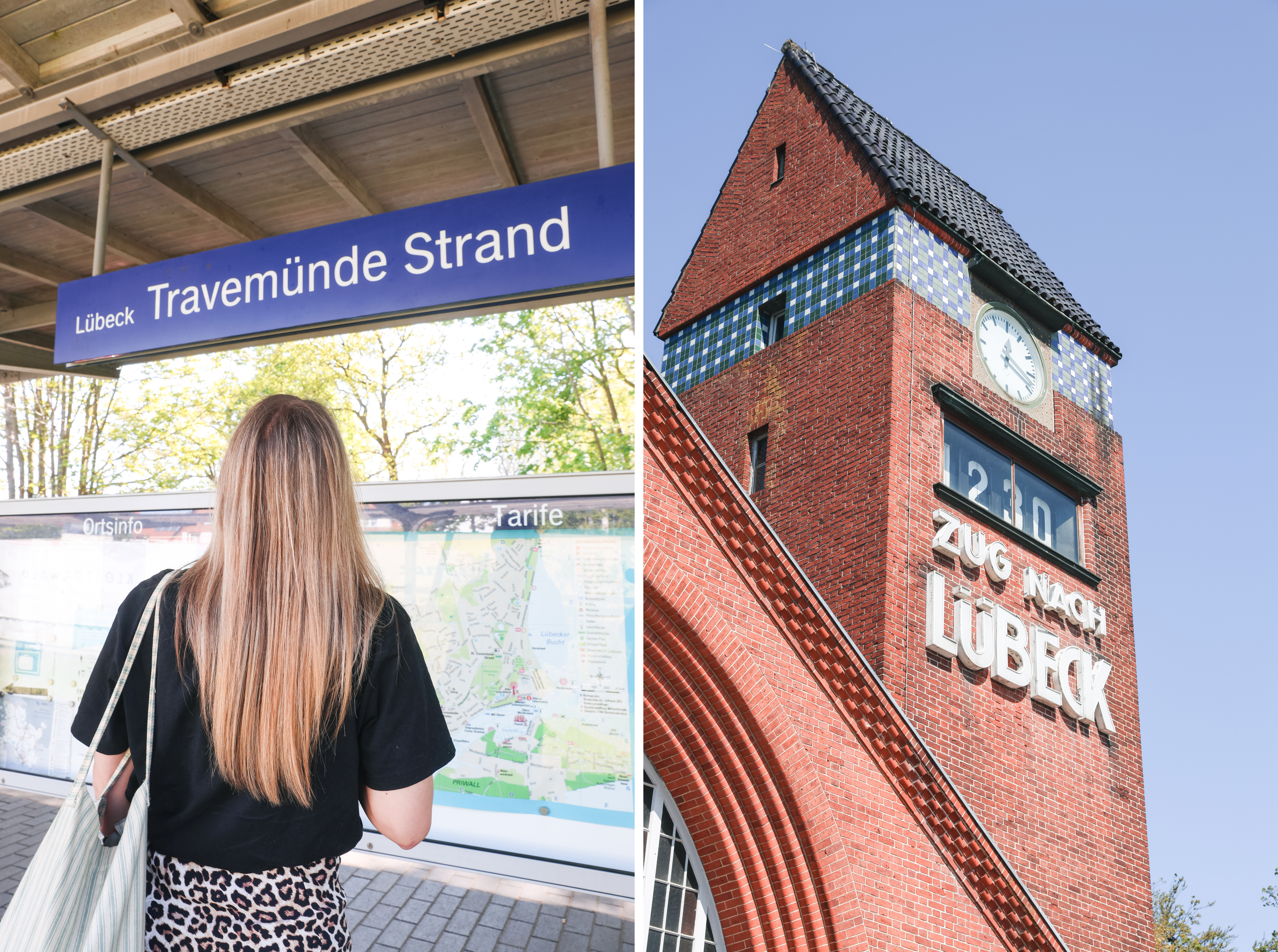 Finja T. blickt am Gleis des Bahnhofs Travemünde Strand auf ein blaues Schild mit der Aufschrift „Lübeck Travemünde Strand"